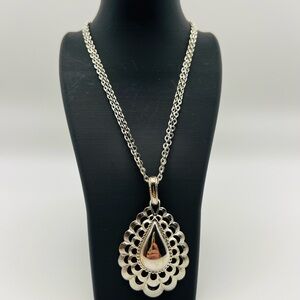 Vintage Silver Tone Teardrop Pendant Necklace